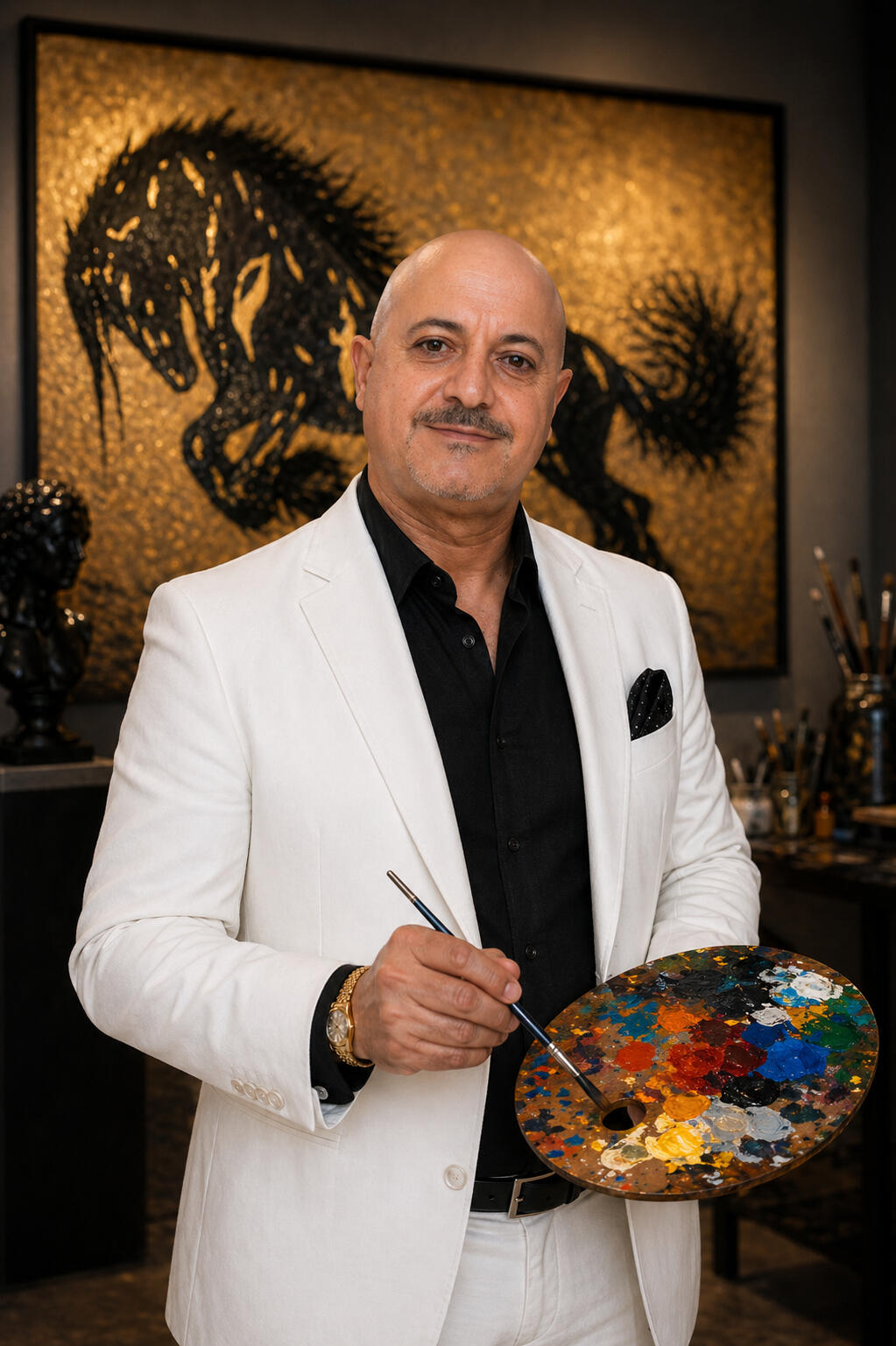 Georges Salameh Portrait of Lebanese contemporary Painter Georges Salameh holding a painter’s palette in front of his original abstract horse painting.
